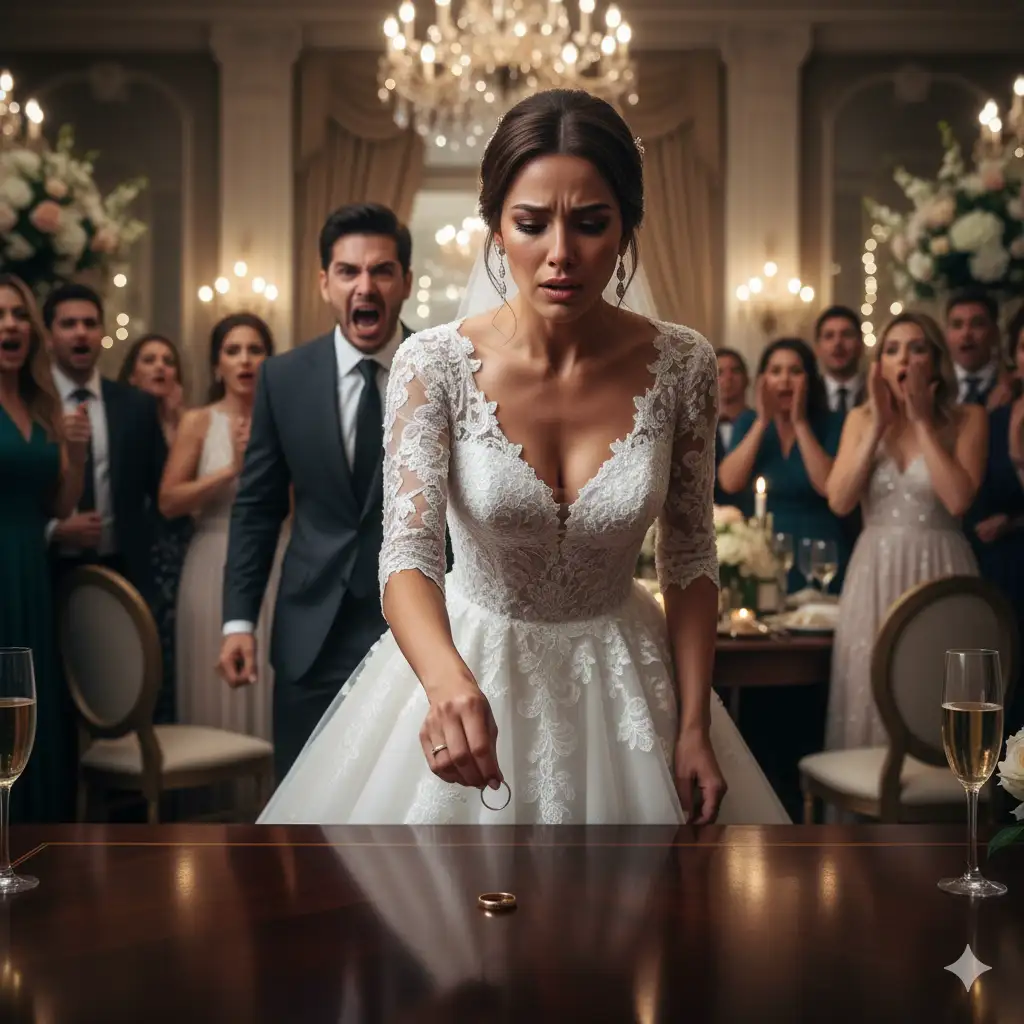 A beautiful bride standing tall in a wedding gown, dramatically dropping her wedding ring onto a table at a reception, while a furious groom and shocked guests look on.