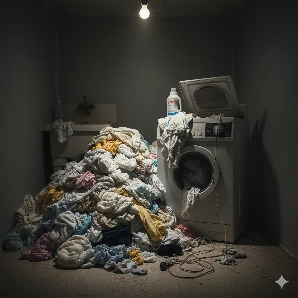 A broken washing machine in a laundry room with an impossible pile of baby clothes and blankets next to it