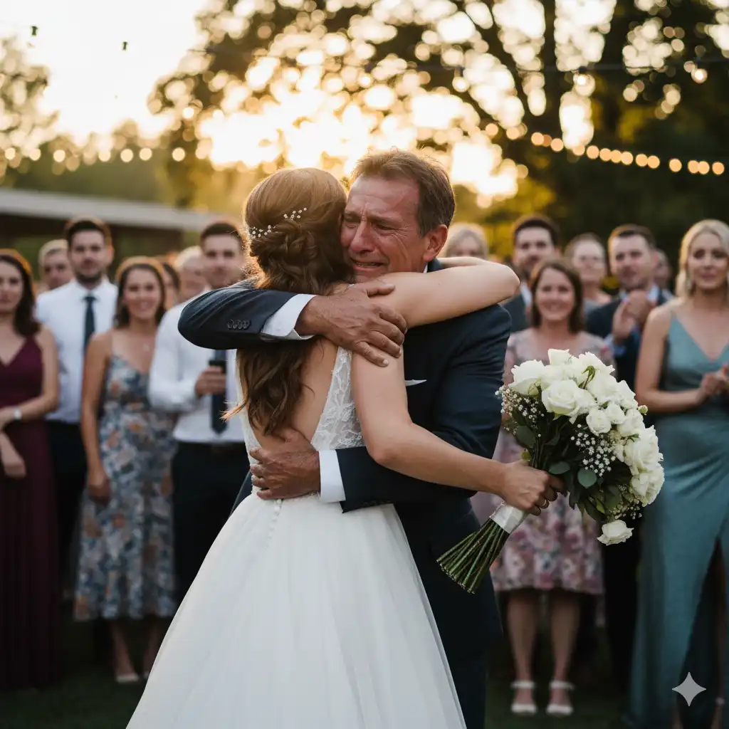 A highly emotional scene of a brother and sister hugging tightly at a wedding ceremony