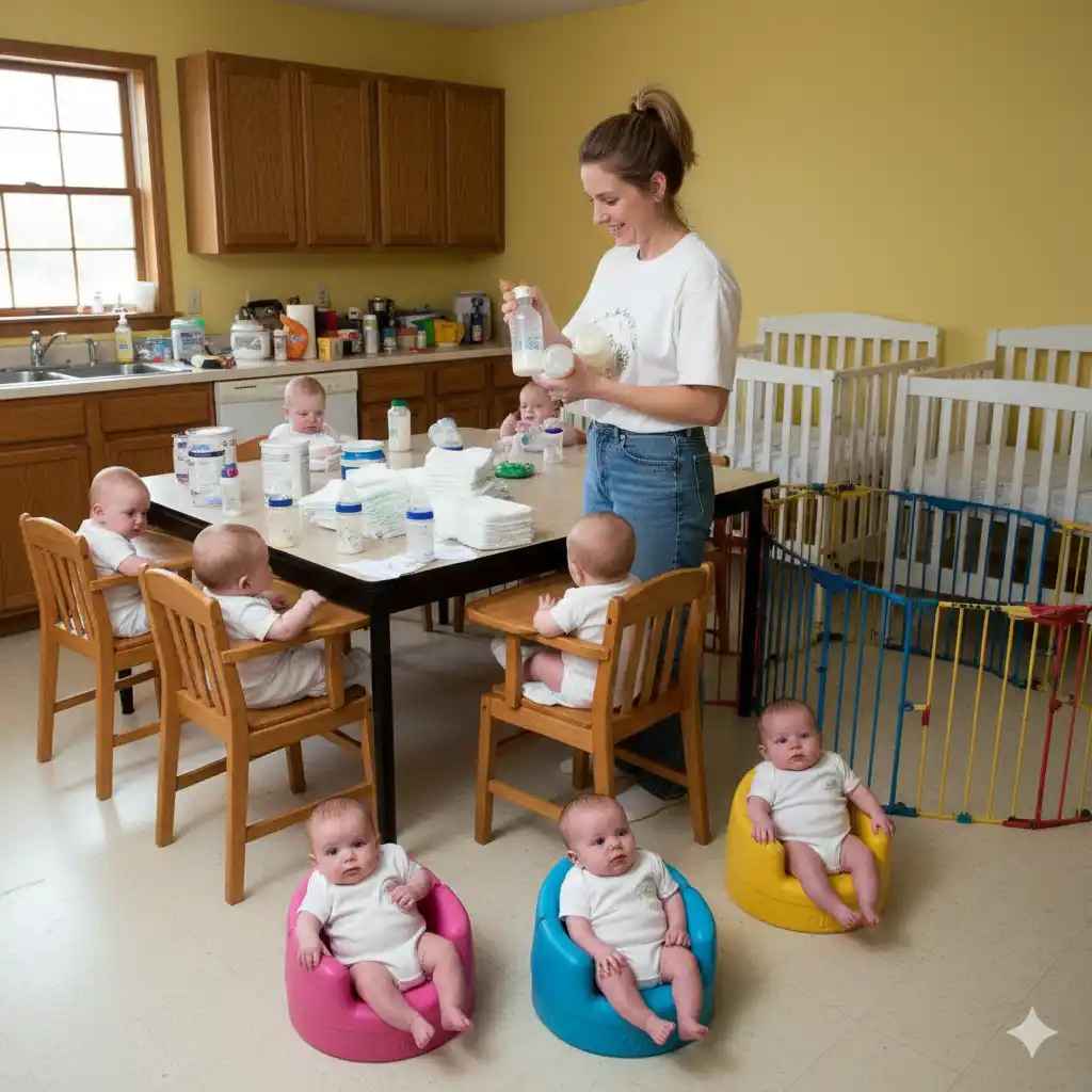 A parent simultaneously feeding multiple babies and managing household tasks in a busy but organized home environment.