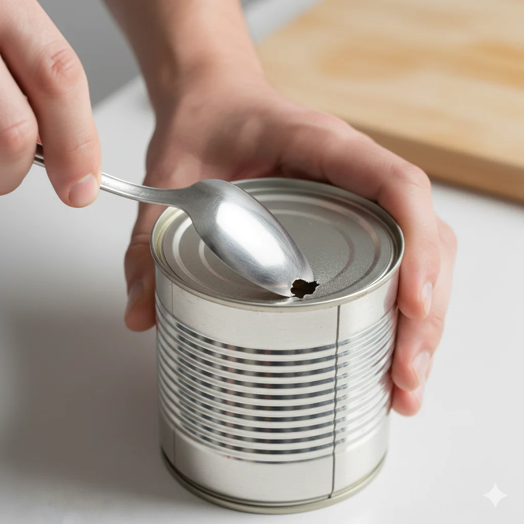 A can with a small, neat hole pierced in its rim, with the tip of a spoon inserted into the hole.
