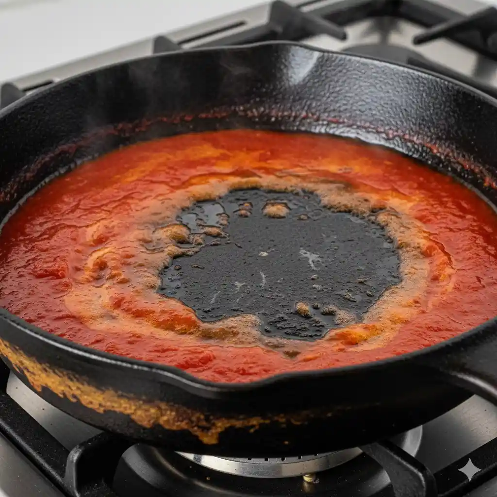 A well-seasoned cast iron skillet with bright red tomato sauce bubbling inside, showing the risk of acid stripping the seasoning.
