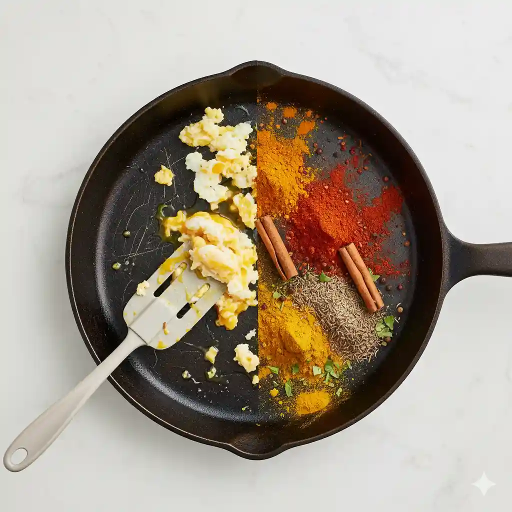 A photo showing a skillet split into two halves: one side has eggs stuck to it, and the other has curry spices, symbolizing what to avoid.