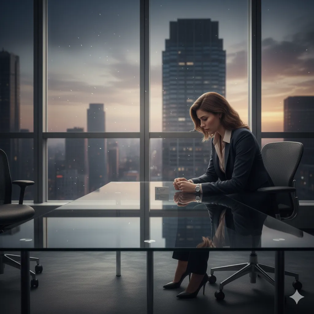 A defeated female CEO sitting alone in her glass-walled office at sunset, staring at a business card on her desk, the city lights reflecting her isolation.