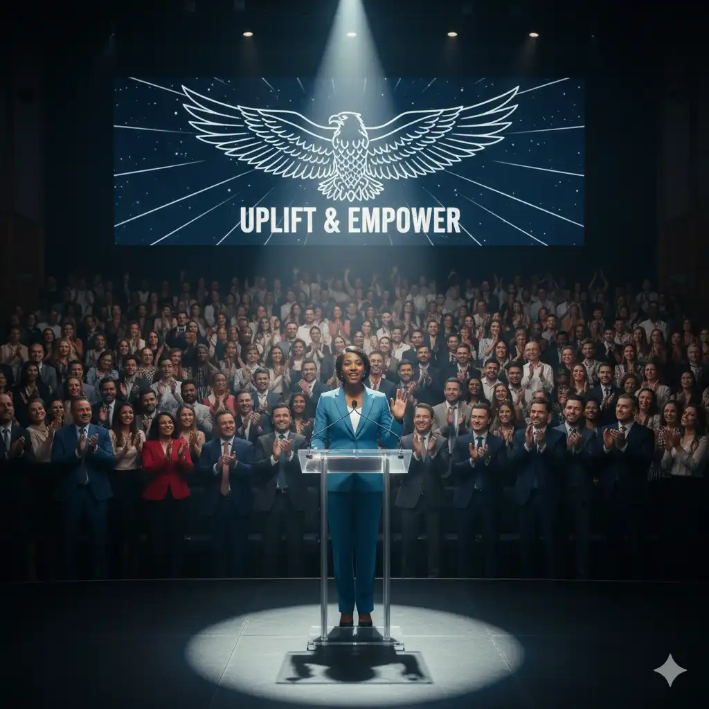 A Black female executive delivering a powerful, inspirational speech on a brightly lit stage in front of a large, applauding audience, symbolizing her transformation from victim to visionary.