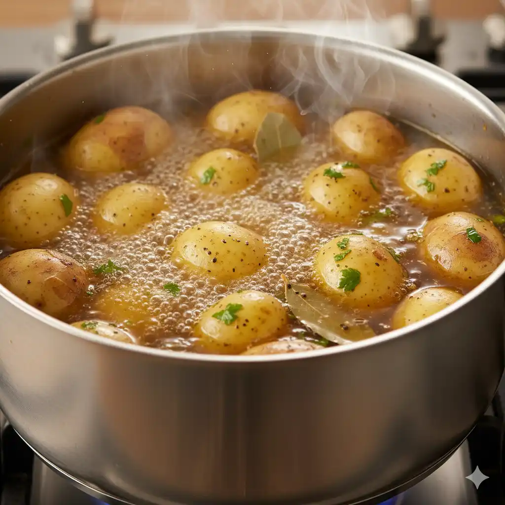Potatoes boiling in a pot with chicken stock and water, with steam rising.