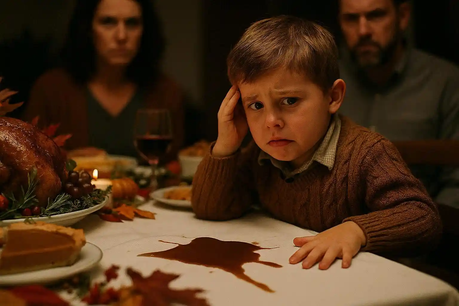 A child looking embarrassed after spilling gravy on a fancy white tablecloth at a crowded holiday dinner table.