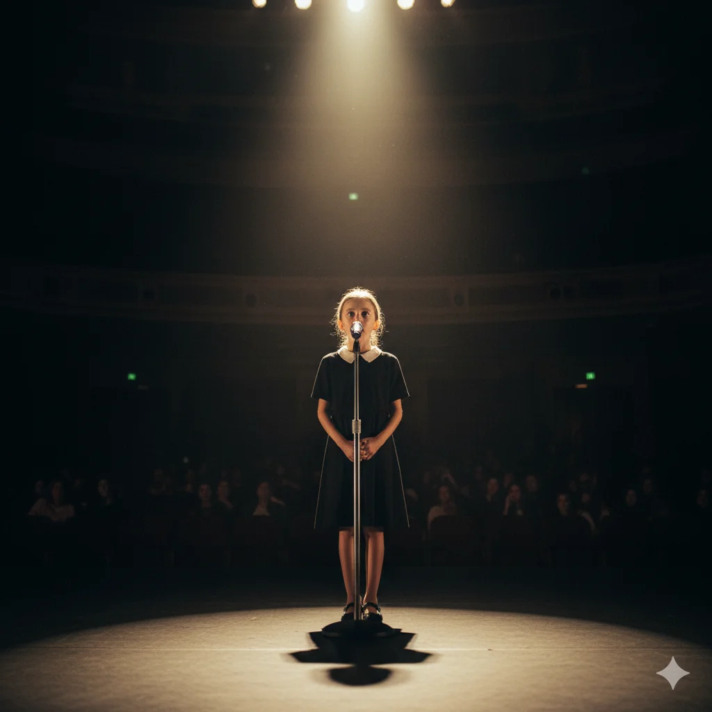 A ten-year-old child standing nervously on a stage during a school concert, frozen with stage fright.