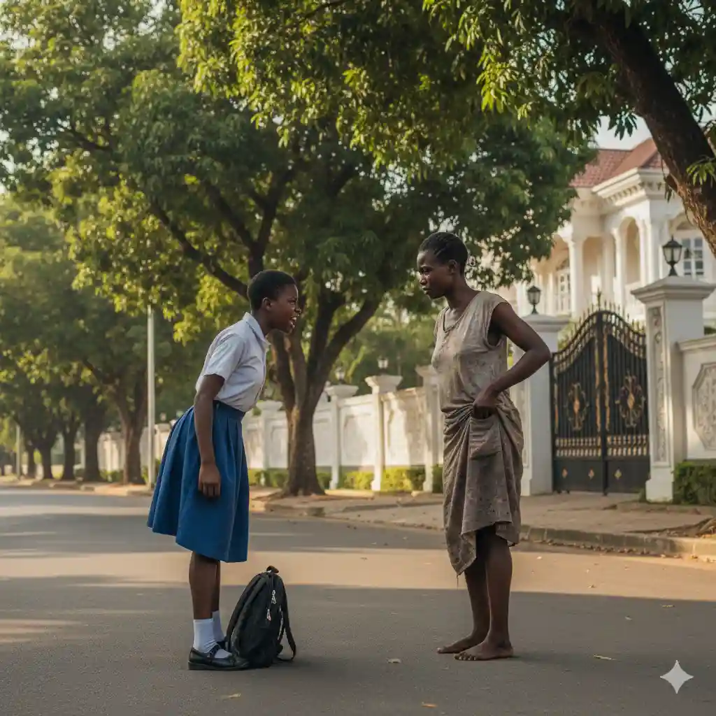 A well-dressed 10-year-old girl shouting with intense anger and fear at a ragged, barefoot woman on a dusty road near a lush, walled mansion.