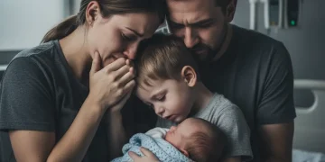child whispering to-stillborn baby