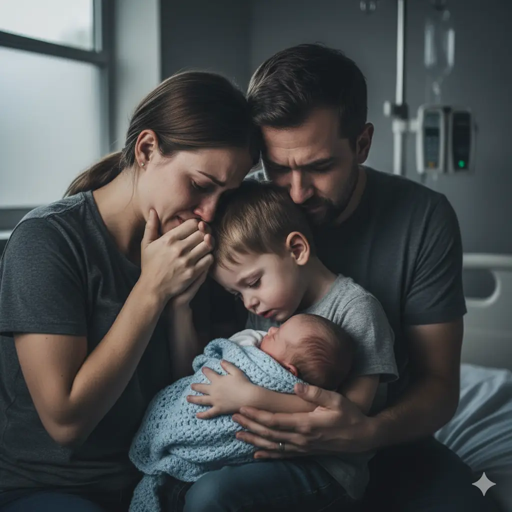 A dramatic scene where a 7-year-old boy holds a tiny, still baby and whispers into its ear, with the grieving parents nearby.