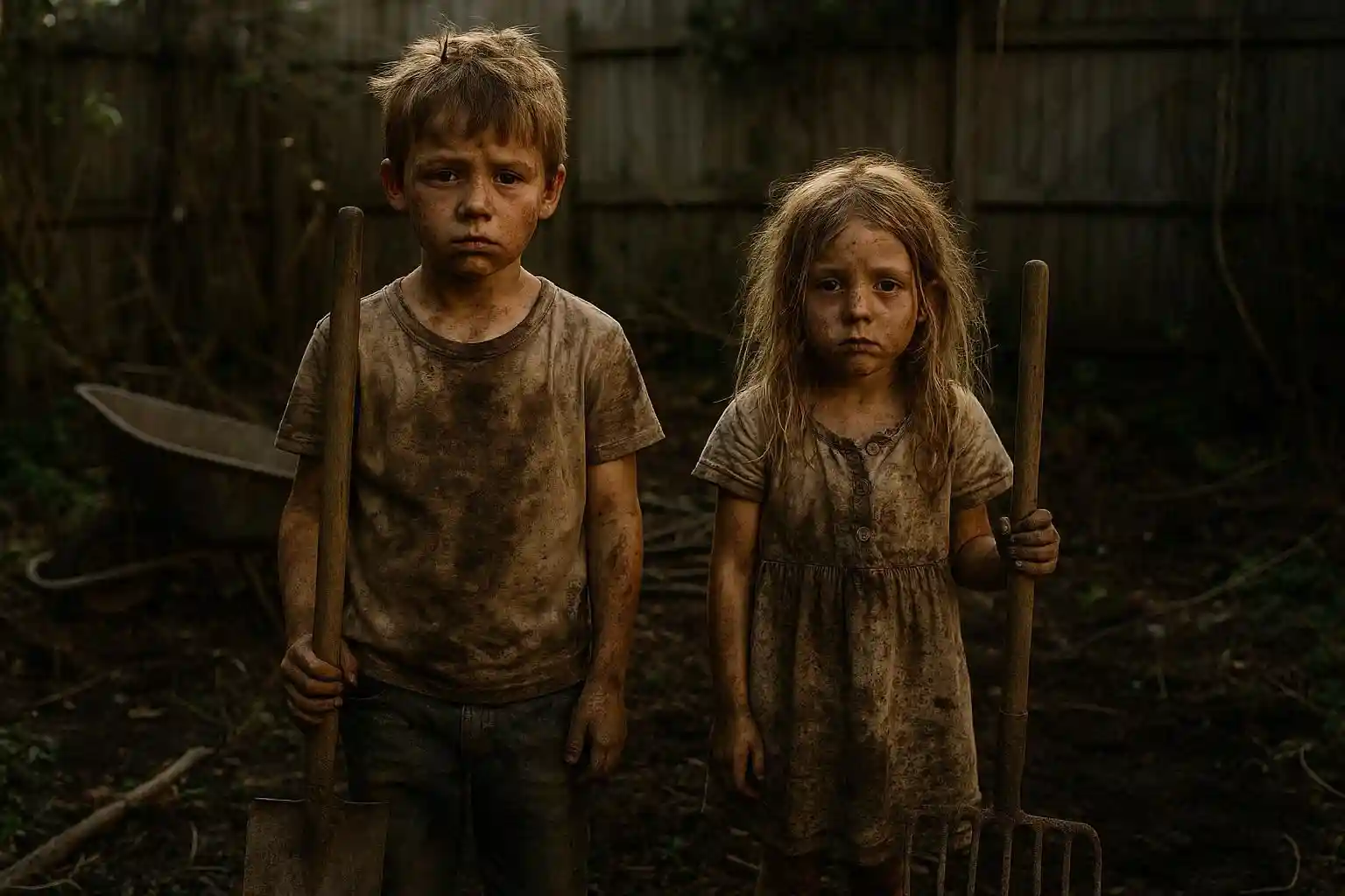 Two small children standing in a messy backyard garden, covered in dirt, looking exhausted and unhappy.