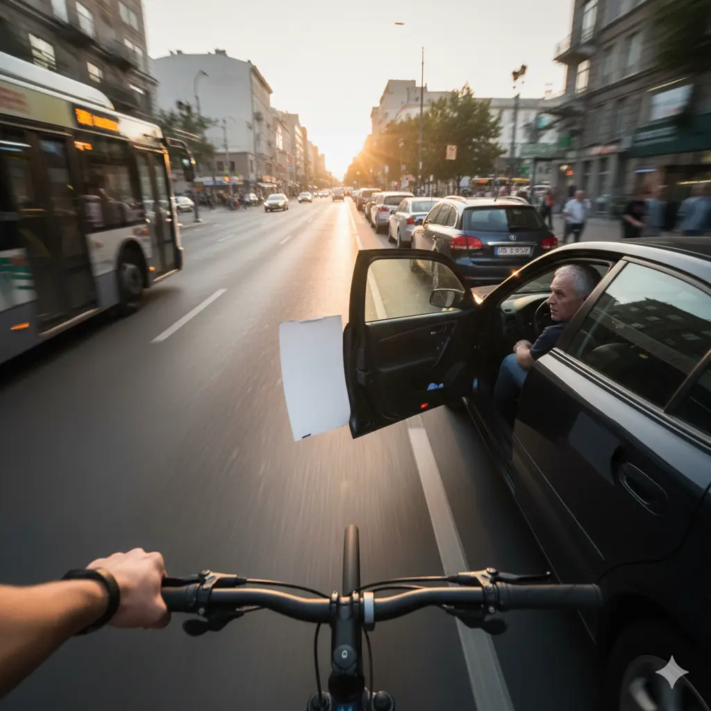 A cyclist riding safely past a line of parked cars in an urban setting.