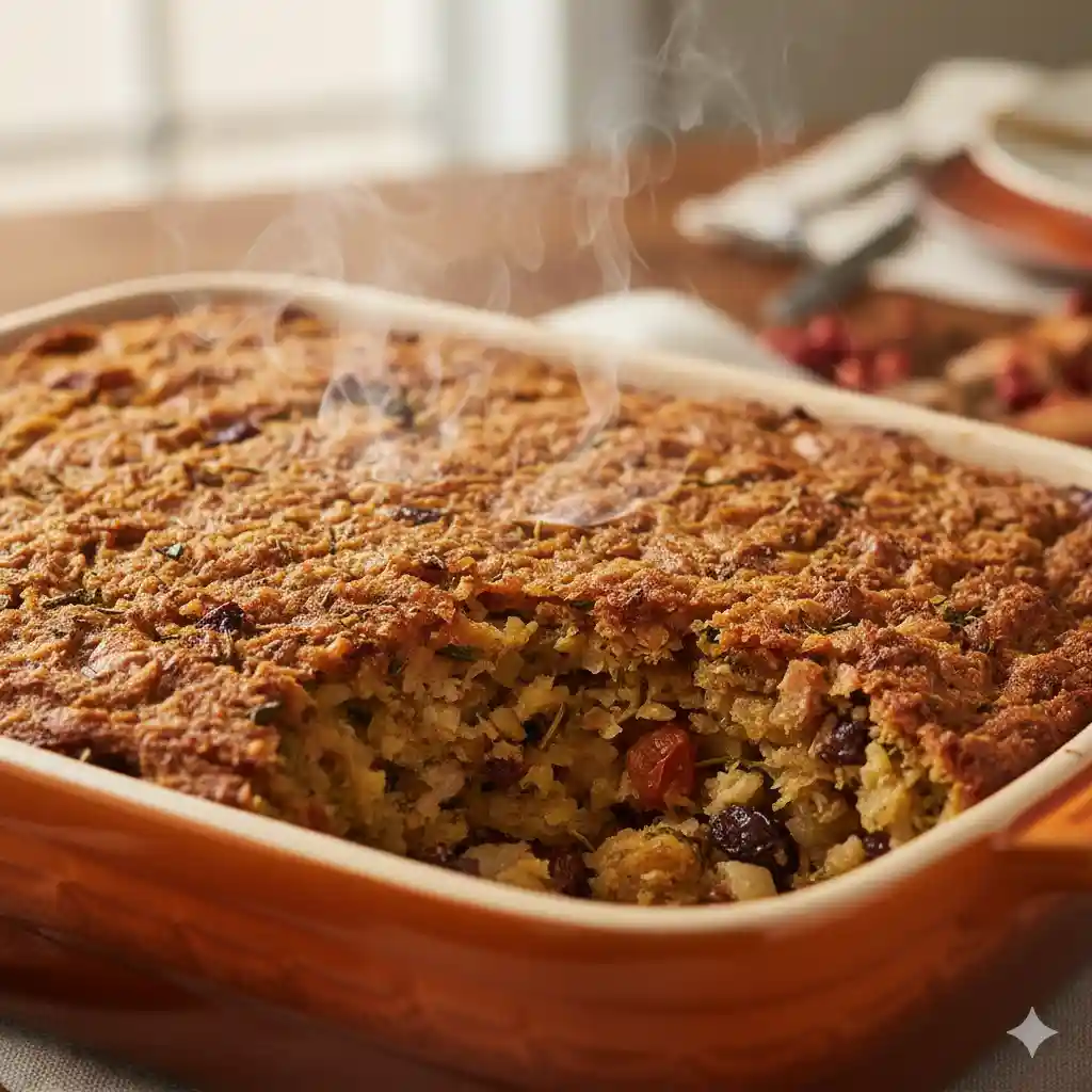 A casserole dish filled with baked stuffing, golden brown and crispy on top, showing steam.