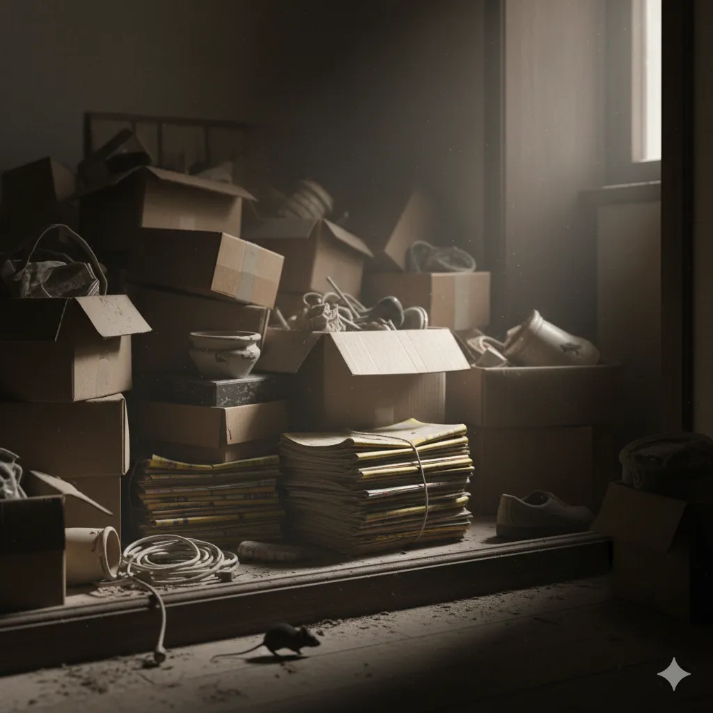 Messy room corner with piles of boxes and magazines, suggesting a cluttered environment