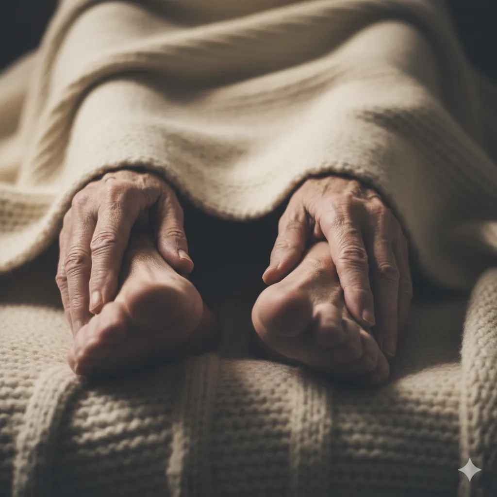 A close-up of an older person's hands and feet looking pale or cold, partially covered by a blanket.