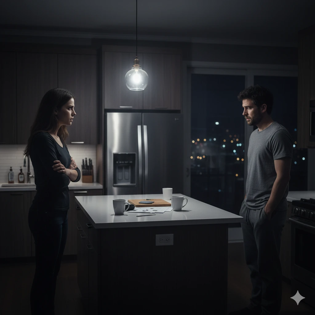 A tense scene in a kitchen with a man and woman arguing under bright lights, symbolizing their conflict.