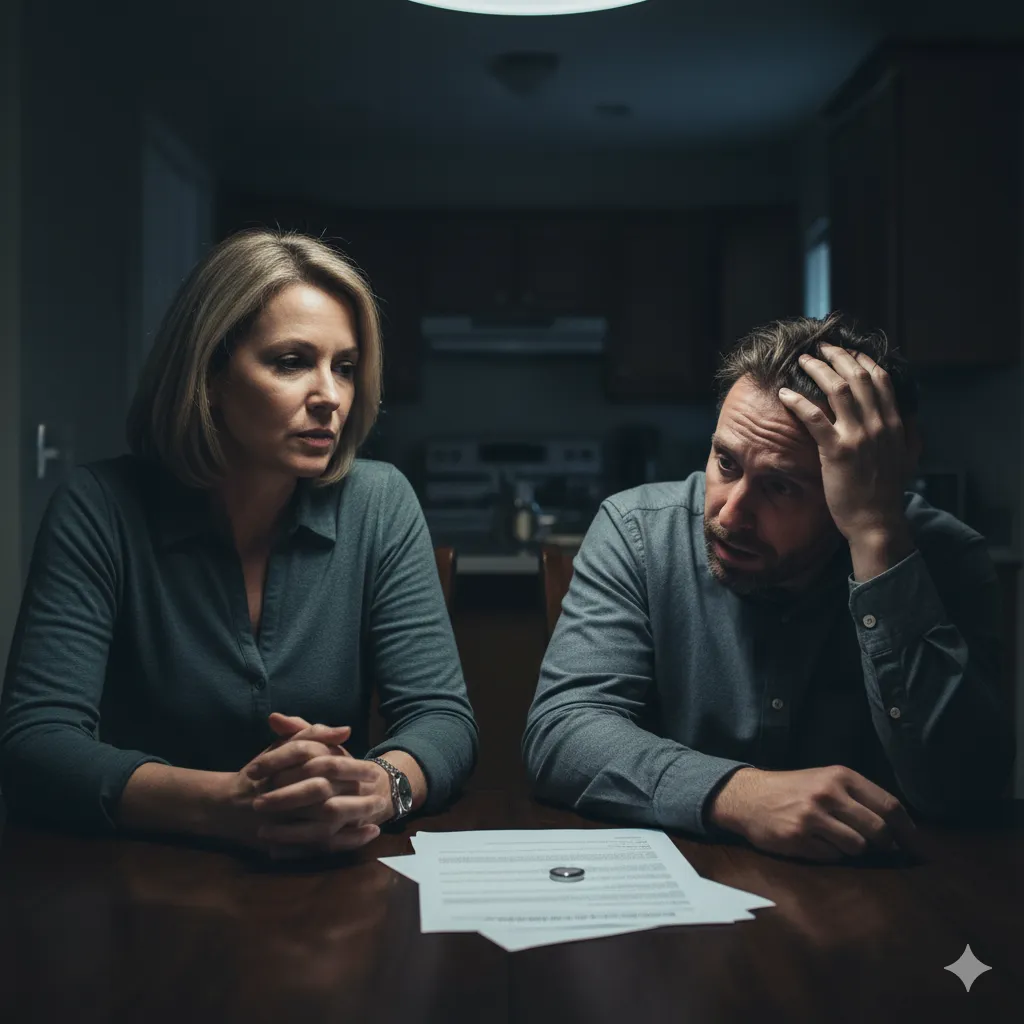 A somber scene with a married couple sitting at a dining table, looking distraught during an argument.