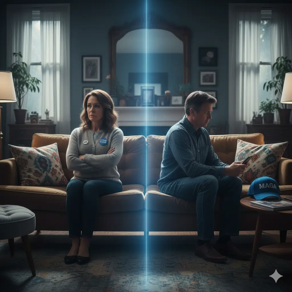 A married couple sitting on opposite sides of a couch with a palpable emotional distance between them, symbolizing political division in a relationship.