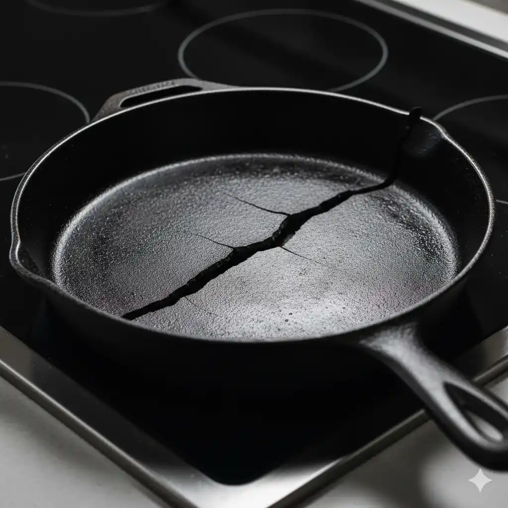 A damaged cast iron skillet with a visible crack across the surface, caused by thermal shock.