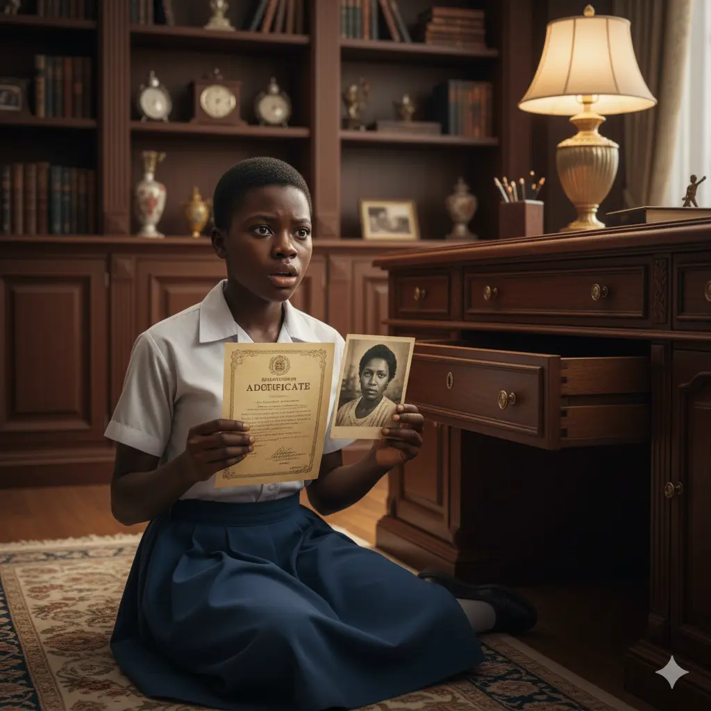 A 10-year-old girl in a luxurious, dark study, frozen in shock as she holds a yellowed adoption certificate and an old photograph found hidden in a drawer.