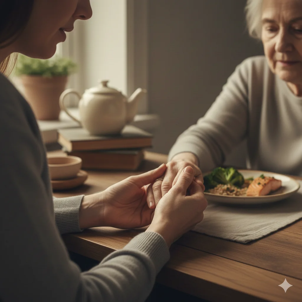 A younger adult holding the hand of an older adult gently while sitting together in quiet comfort, symbolizing emotional connection.