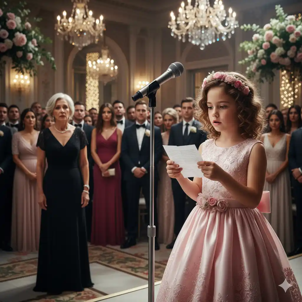 A young girl in a flower girl dress standing confidently on a stage, reading an emotional letter into a microphone at a wedding reception.