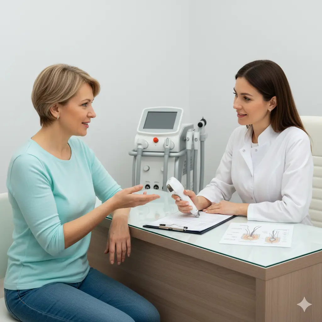 A woman consulting professionally with a dermatologist about hair removal options in a clinic setting.