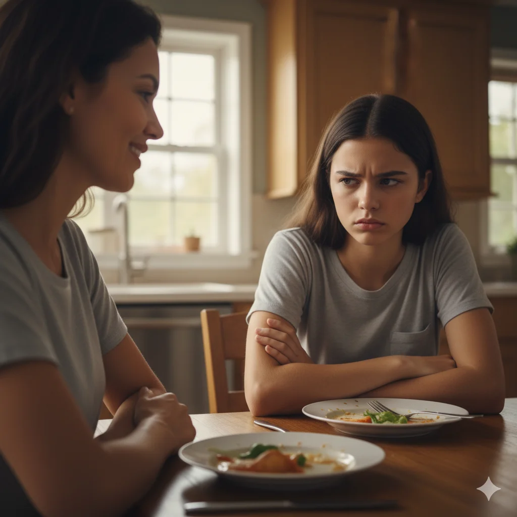 A photo illustrating a cold, distant relationship between an adoptive mother and her teenage child.