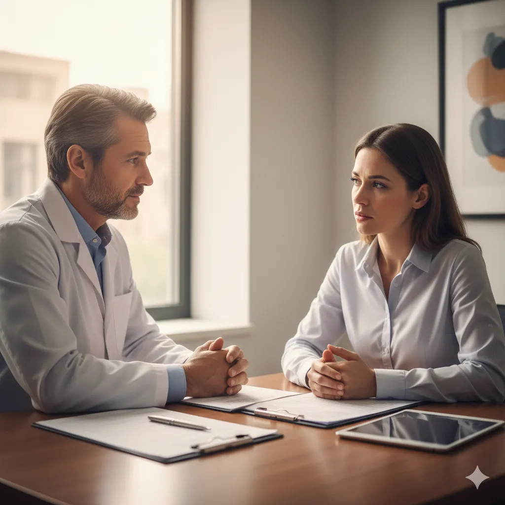 A doctor speaking empathetically with a patient in a consultation room, discussing unexpected symptoms.