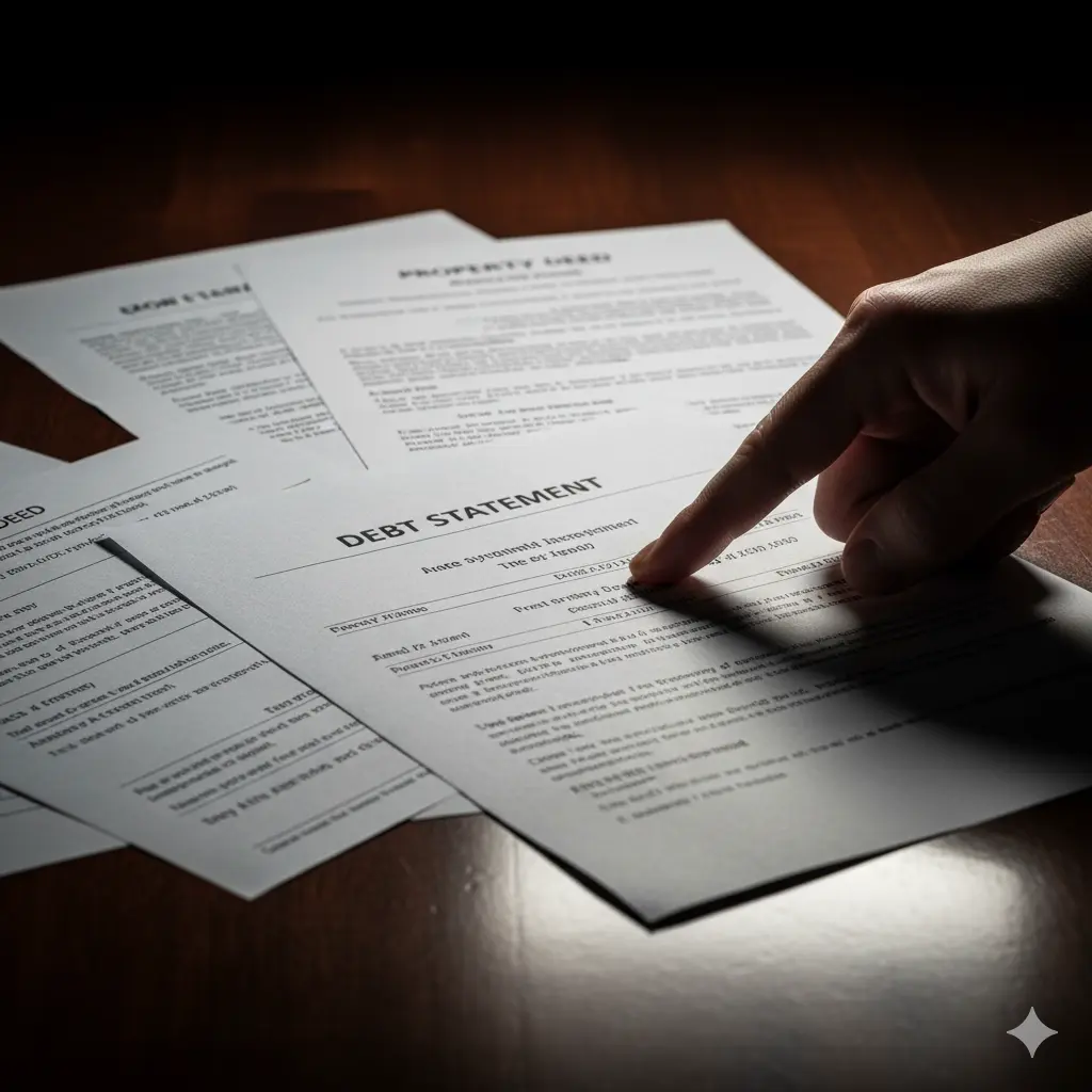 Close-up of financial documents and a property deed suggesting large debts and hidden transactions.