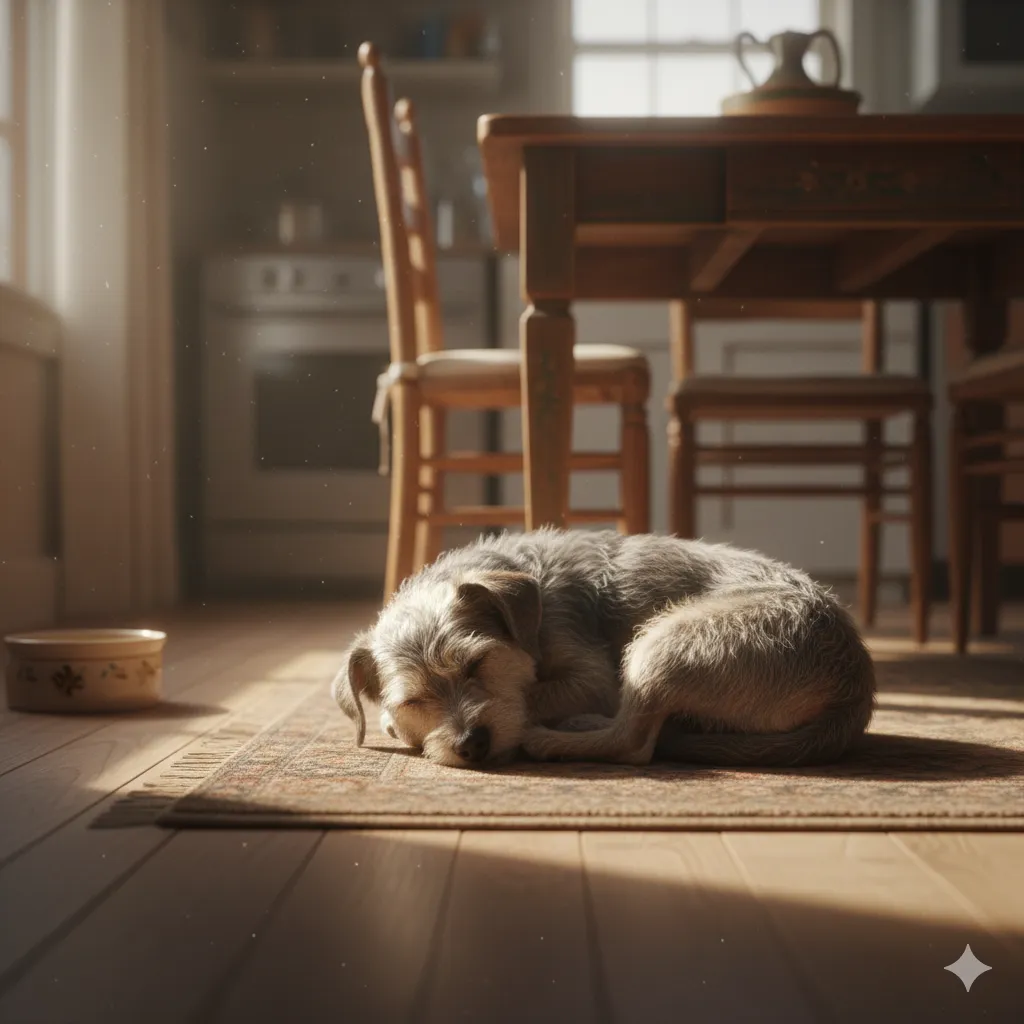 A small, graying dog resting peacefully on a sunny rug in a warm kitchen.