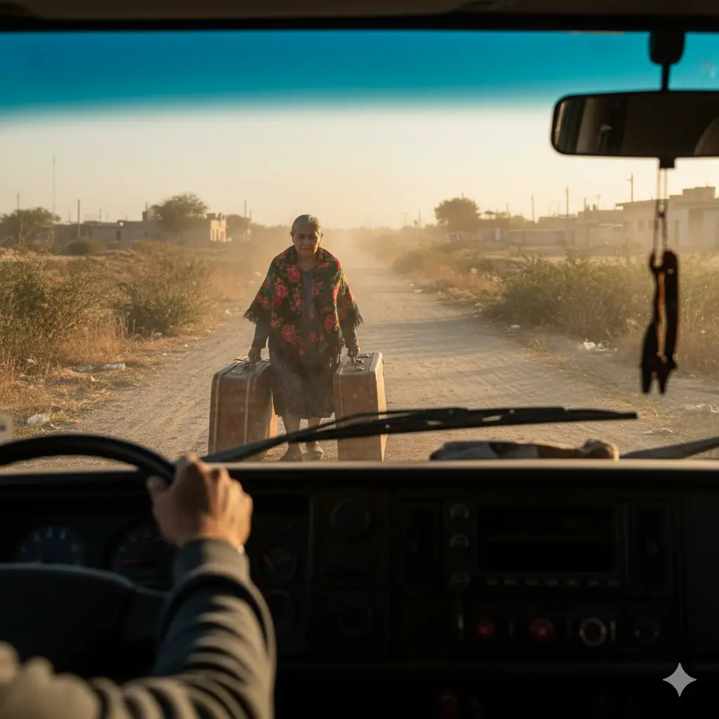 An elderly woman in a shawl walking slowly with worn suitcases along a dusty roadside.