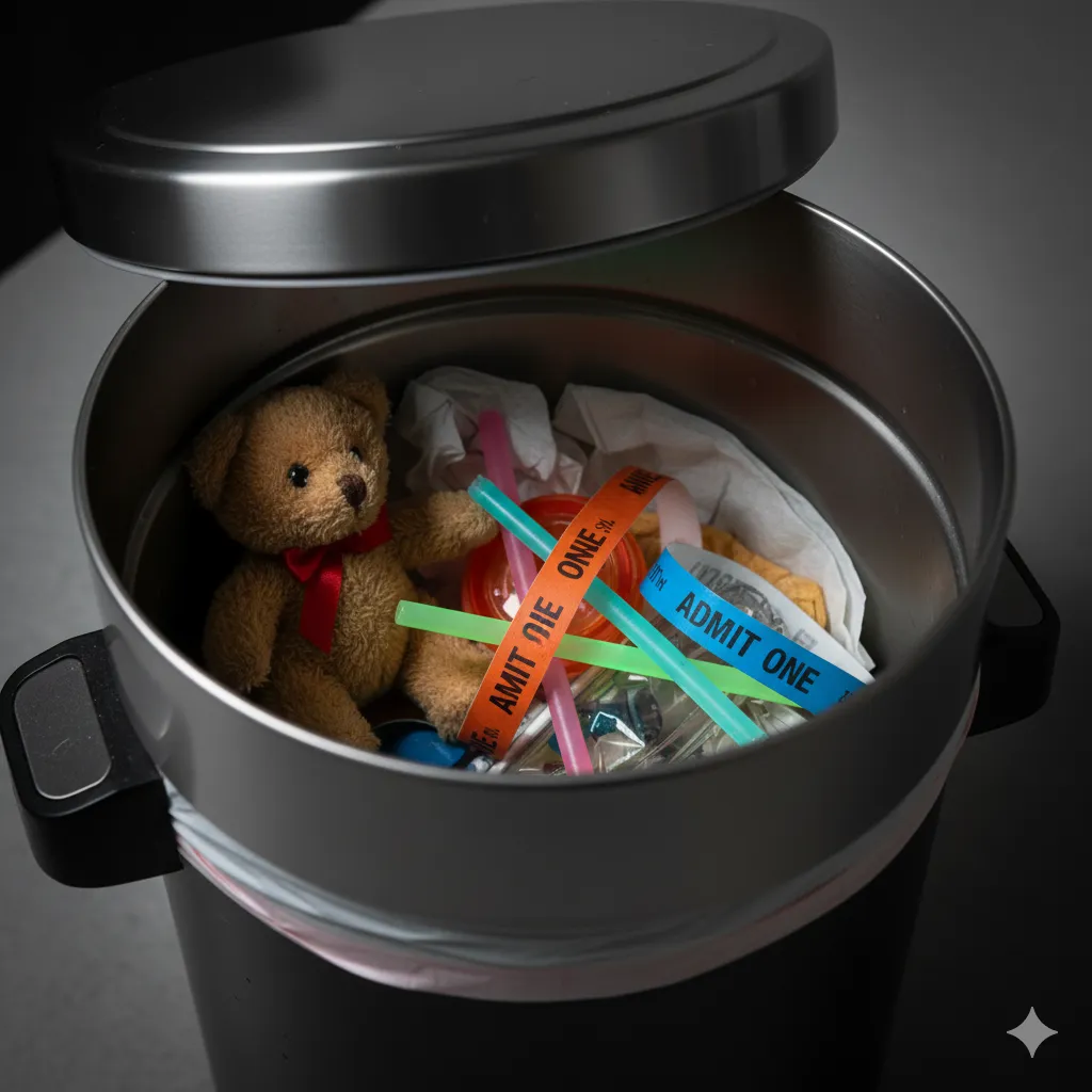 A stuffed animal, glow sticks, and fair wristbands thrown into a kitchen trash can