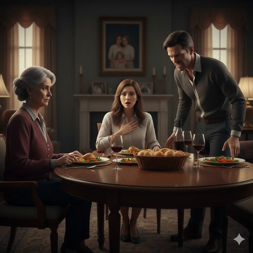An intense family dinner scene with an elderly parent sitting calmly while two adult children look angry and frustrated.
