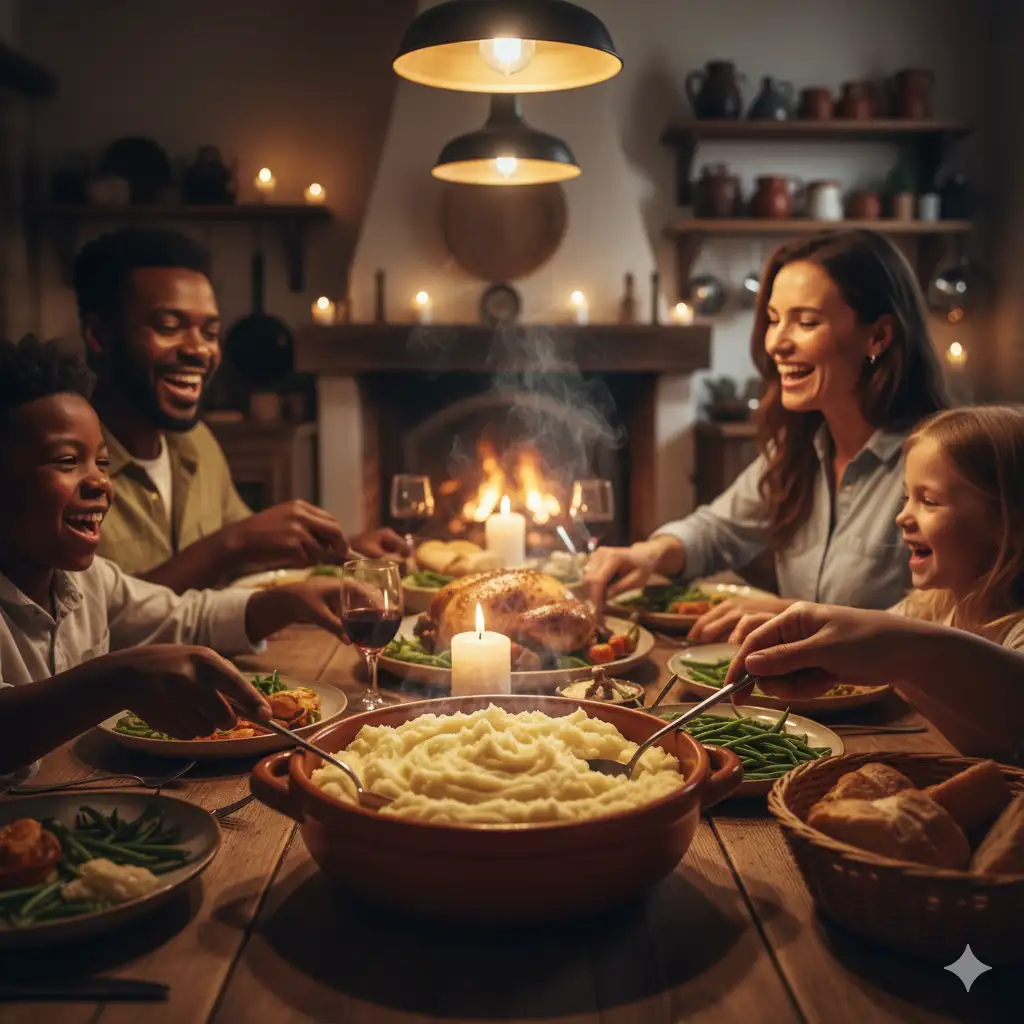 A family gathered around a warm, inviting dinner table with a bowl of mashed potatoes.