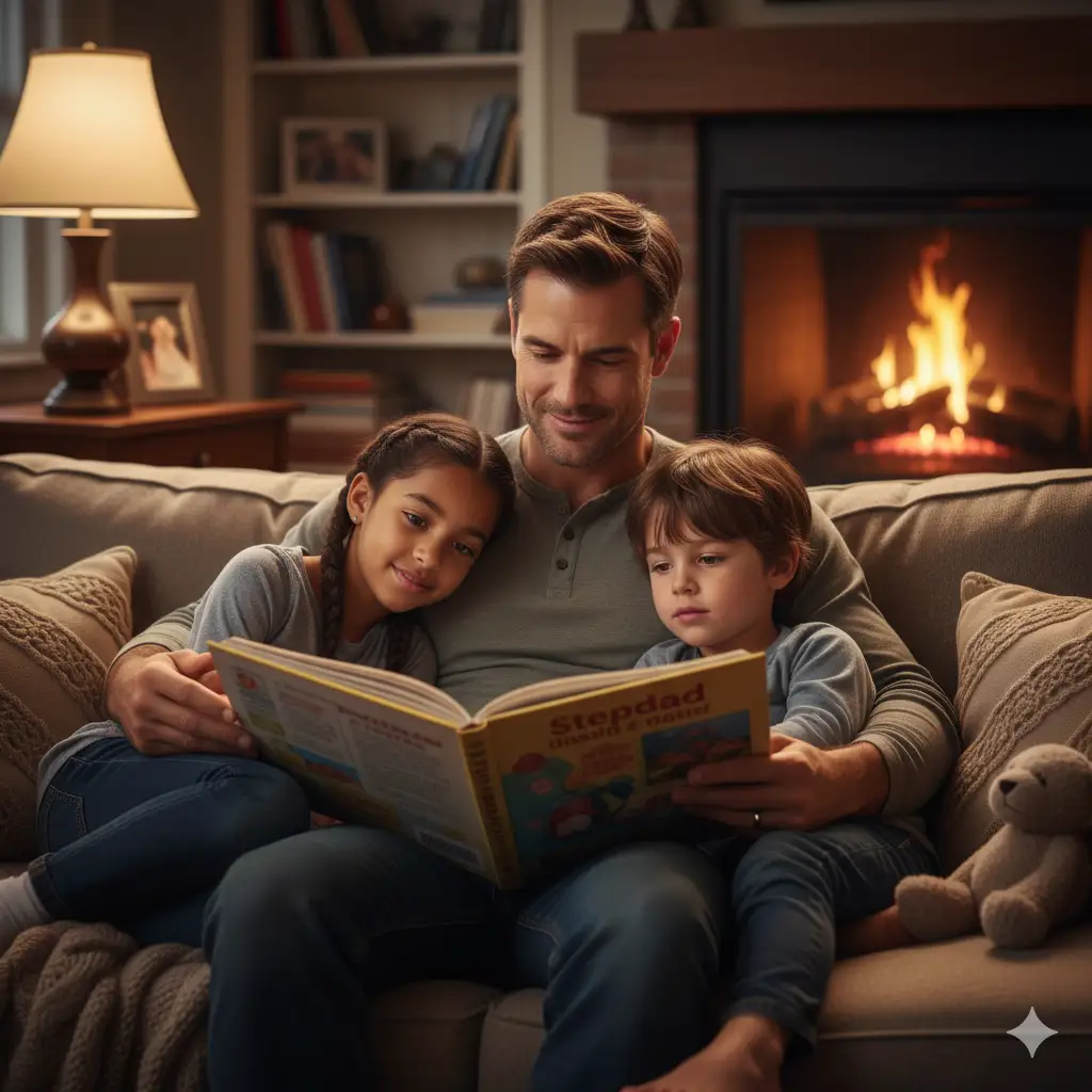 A stepdad lovingly reading a bedtime story to his two stepchildren in a warm, cozy scene.