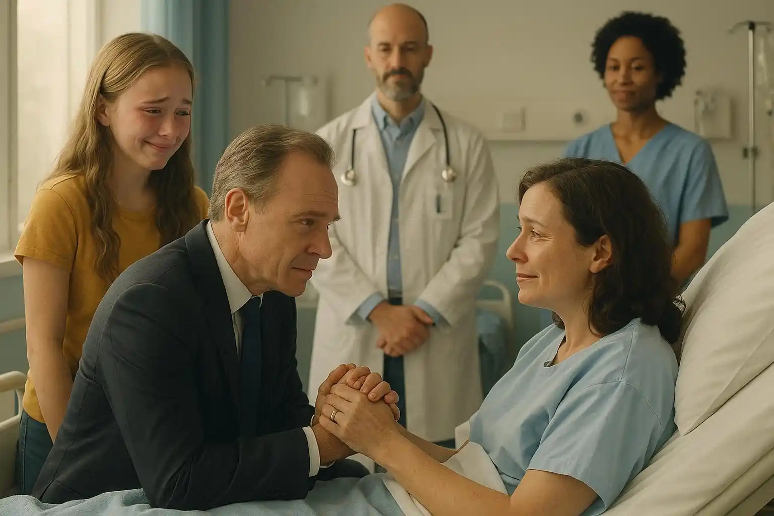 Philip, Lilith, and Victory reunited in a hospital room, expressing relief and hope as Philip pays the medical bills.