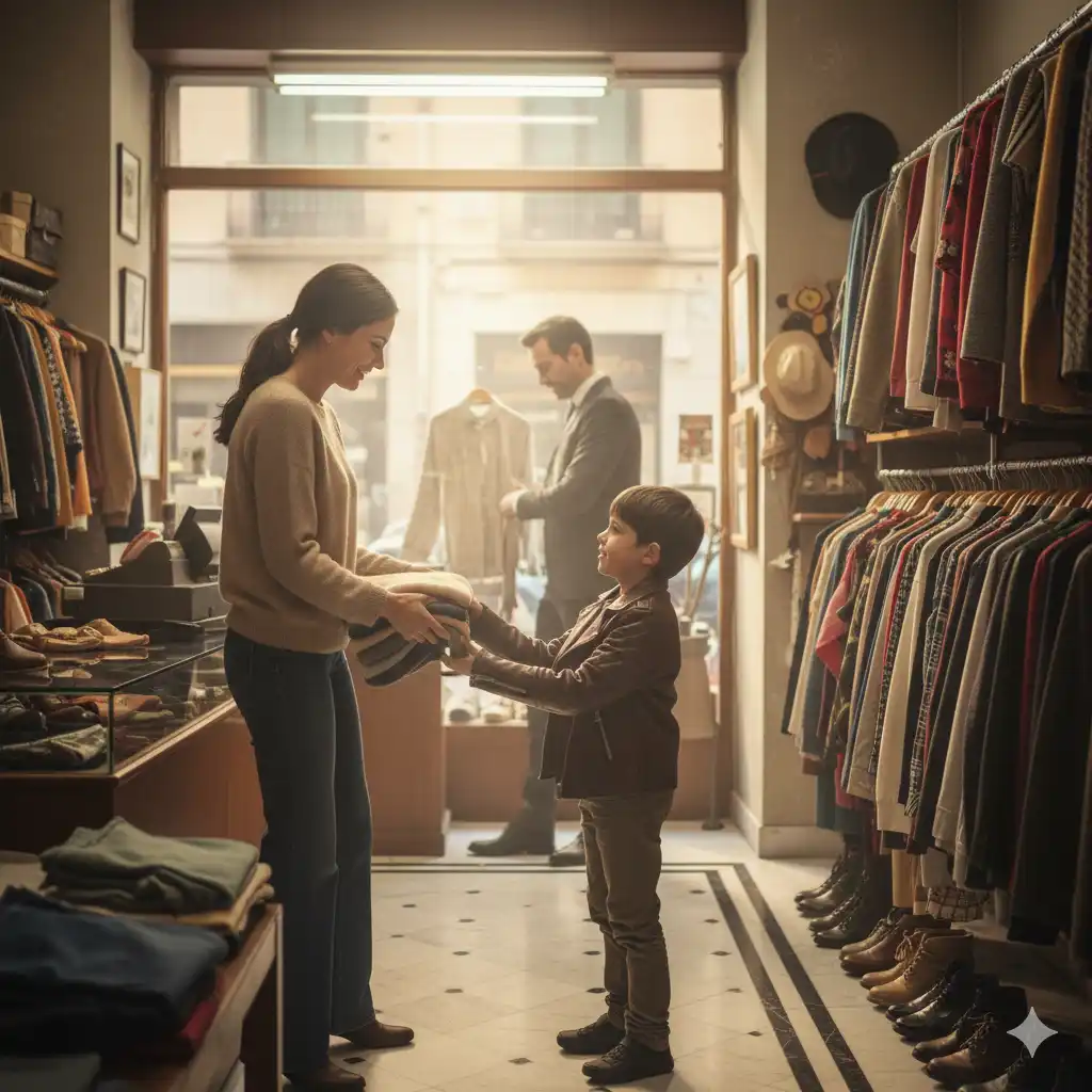 A modest, welcoming secondhand clothing shop where a father, mother, and son are happily working together.
