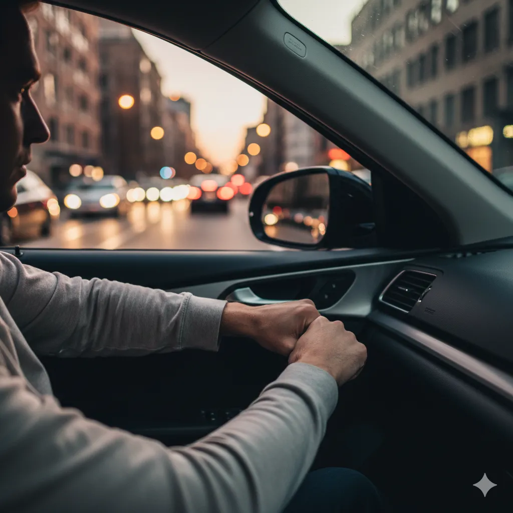 A driver reaching across their body with their right hand to open the car door, causing them to turn their body.