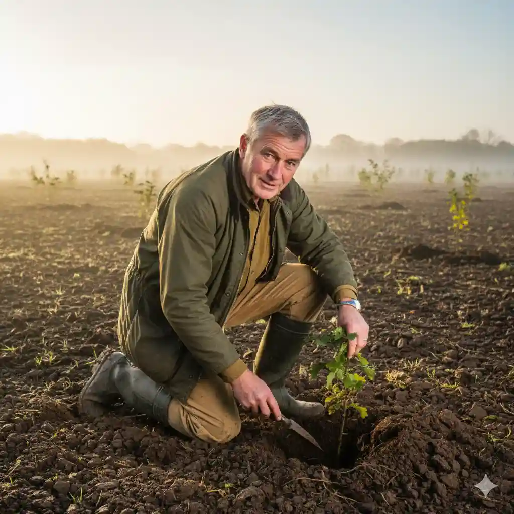 A farmer carefully planting a small oak sapling in a large, open field.