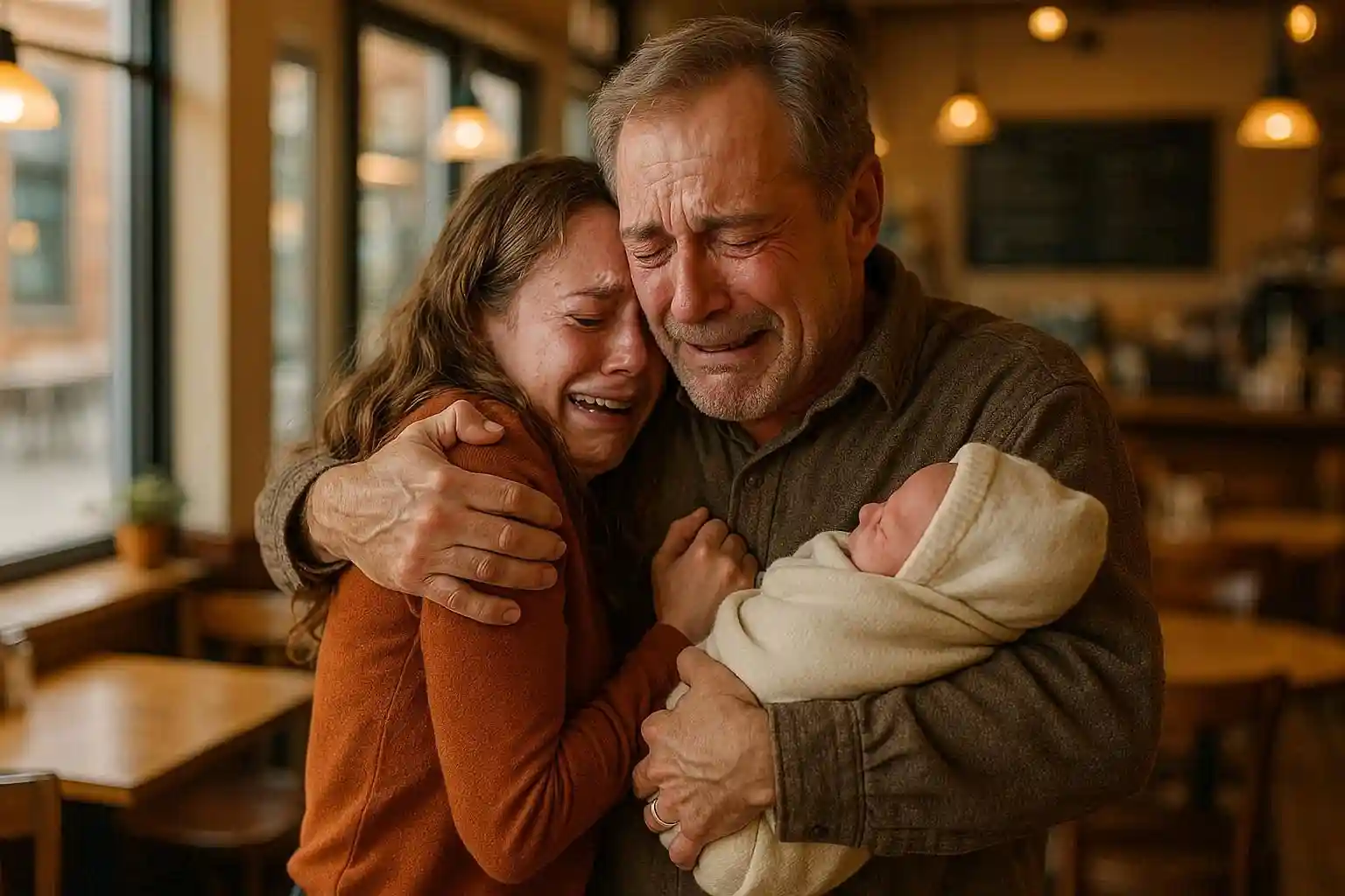A man and a young woman embracing emotionally in a cozy cafe, with the man holding a small bundled newborn.