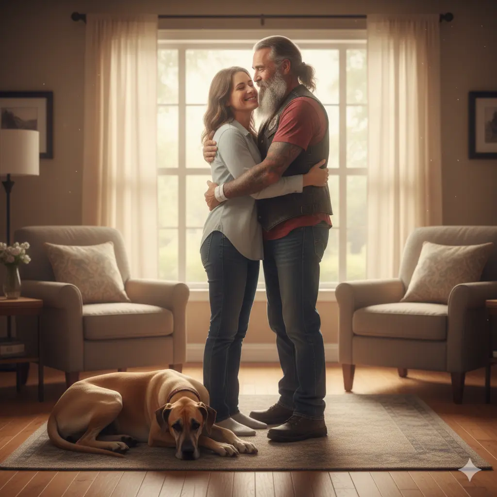 A rehabilitated biker father and his daughter hugging in a domestic setting with their Great Dane dog nearby