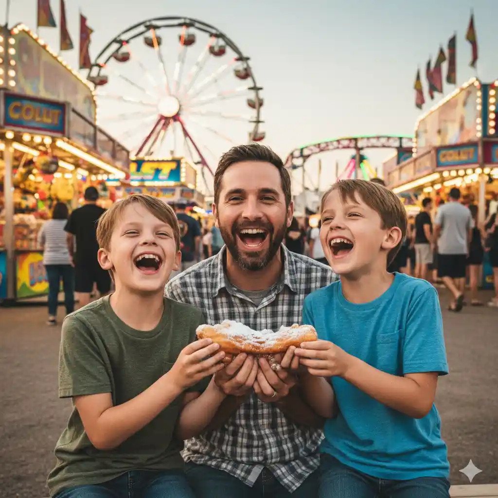 A smiling father and his two young sons eating funnel cakes and laughing at a county fair