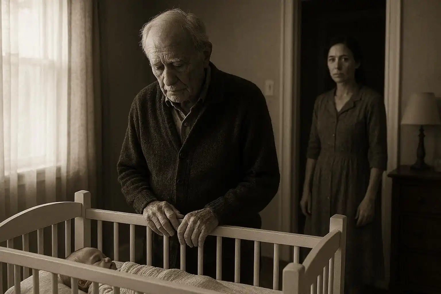 An older man looking down at a baby in a crib with a pained, tender expression, conveying deep regret.
