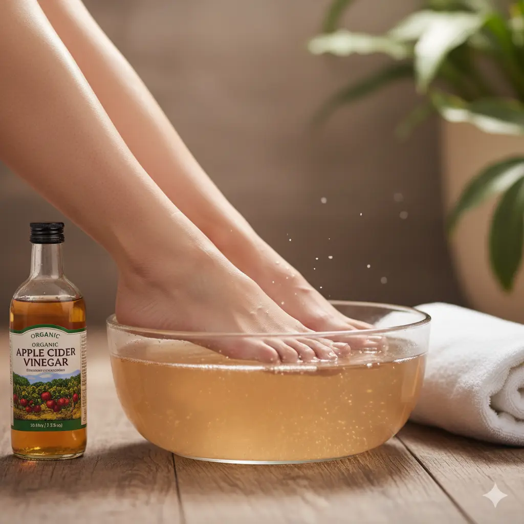 A person's feet soaking in a small basin filled with water and a light apple cider vinegar solution.
