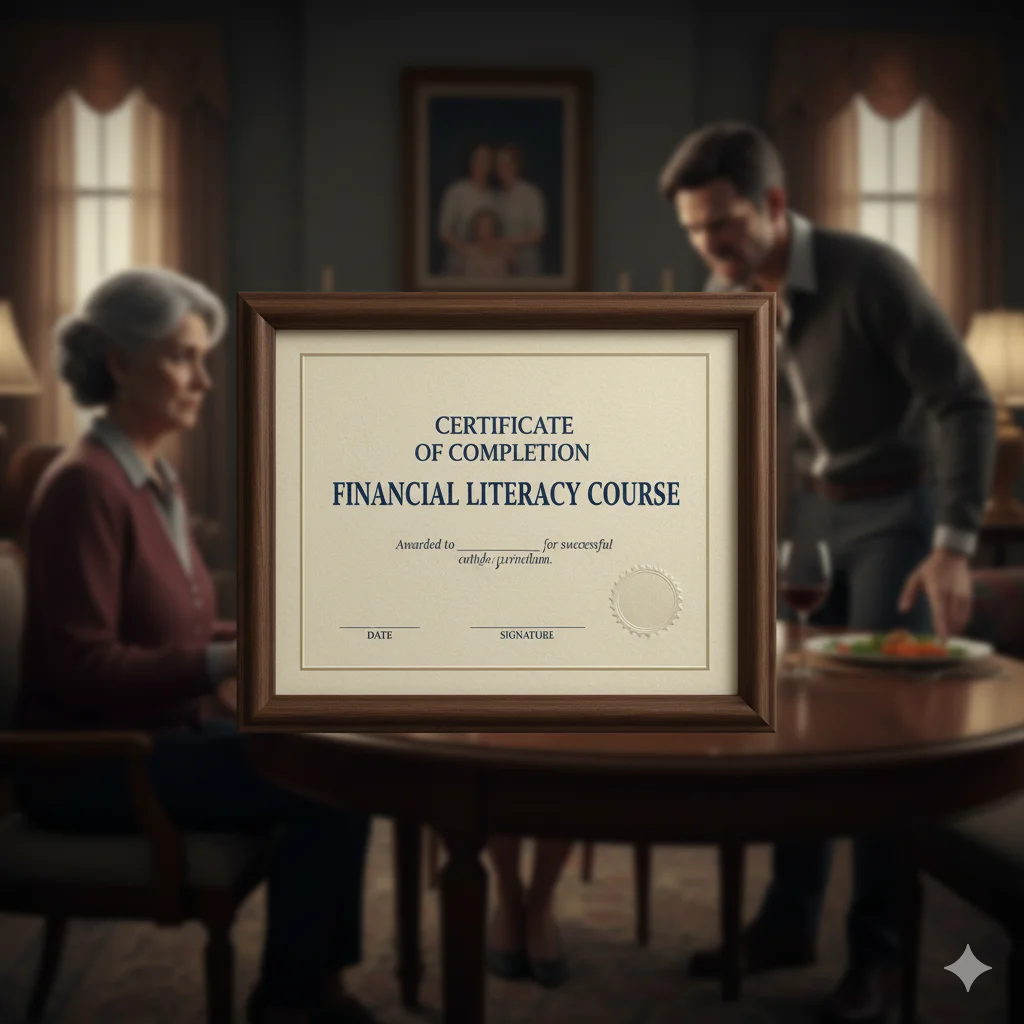 A close-up of a certificate for completing a financial literacy course, symbolizing a commitment to Rule #1.