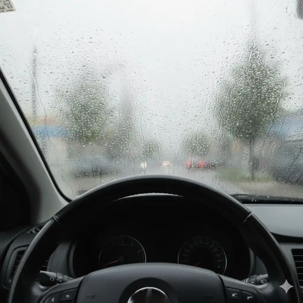 A close-up view of a car windshield badly fogged up on the inside, reducing visibility.