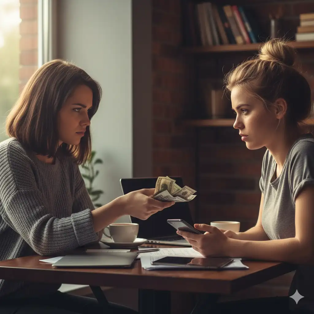 Two friends sitting together, one reluctantly handing money to the other, showing subtle tension.