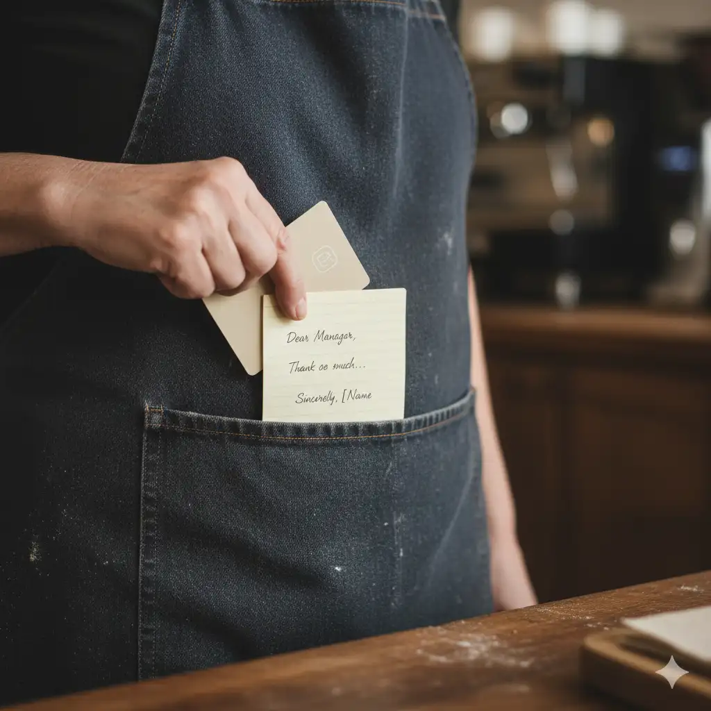 A small gift card and a handwritten note tucked into a woman's pocket, symbolizing a returning act of kindness